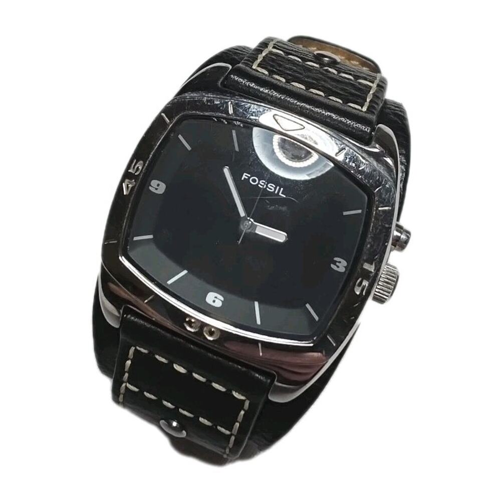 Fossil AM3696 Big Tic Men’s Watch 41mm – Black Face, Leather Band Untested